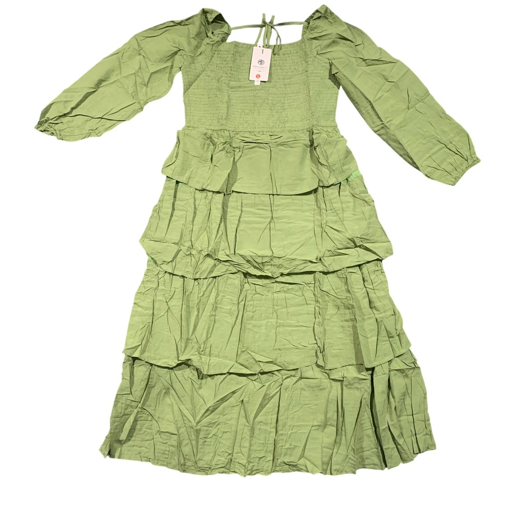 Women's Lime Green Tiered Ruffle Square Neck Smocked Midi Dress XL